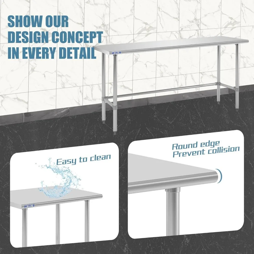 Open Base Stainless Steel Table  Commercial Heavy Duty Prep & Work Table with Galvanized Legs for Restaurant, Home and Hotel