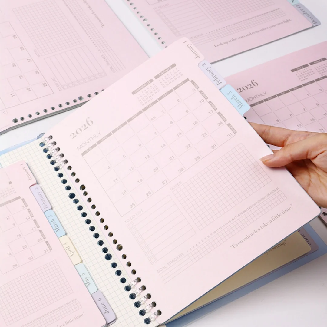 

Календарь-план на 13 страниц на 2026 годы, A4 B5 A5 Цвет макарон План календаря на 2026 Разделенная страница с отрывными листами Изменение ядра Индексная этикетка - Ежемесячно Pl