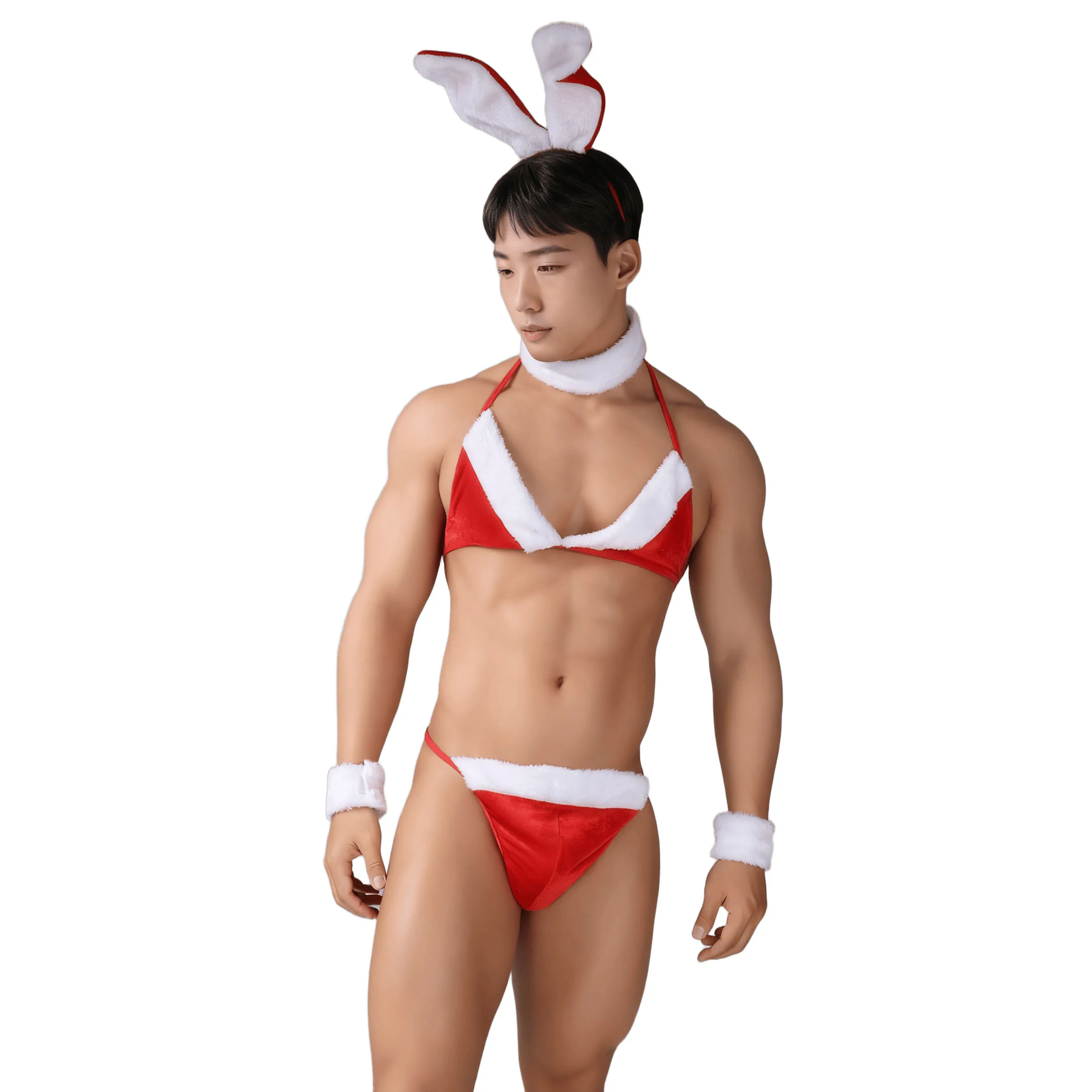

Men Costume Christmas Cosplay Underwear Set Erotic Bunny Ears Velvet Lingerie Bikini Bra Sissy Crossdresser Panties Clubwear