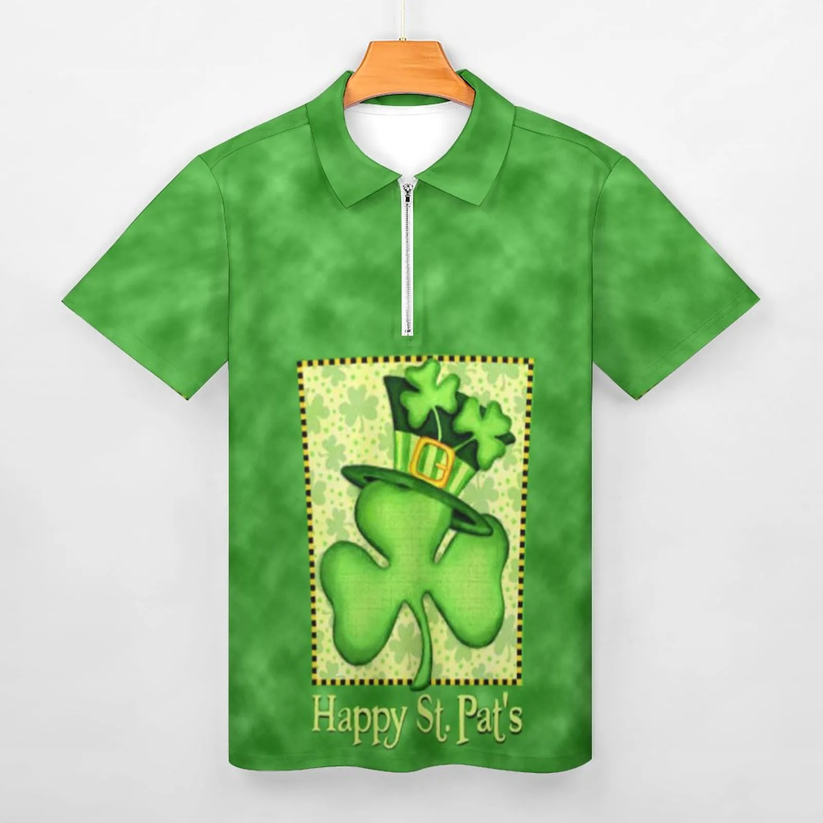 Men's T-shirt St-Patrick-Day Polo-shirt zipper lapel Green Irish-National-Day Clover Graphic Tops tee-shirt Short-Sleeve Chemise