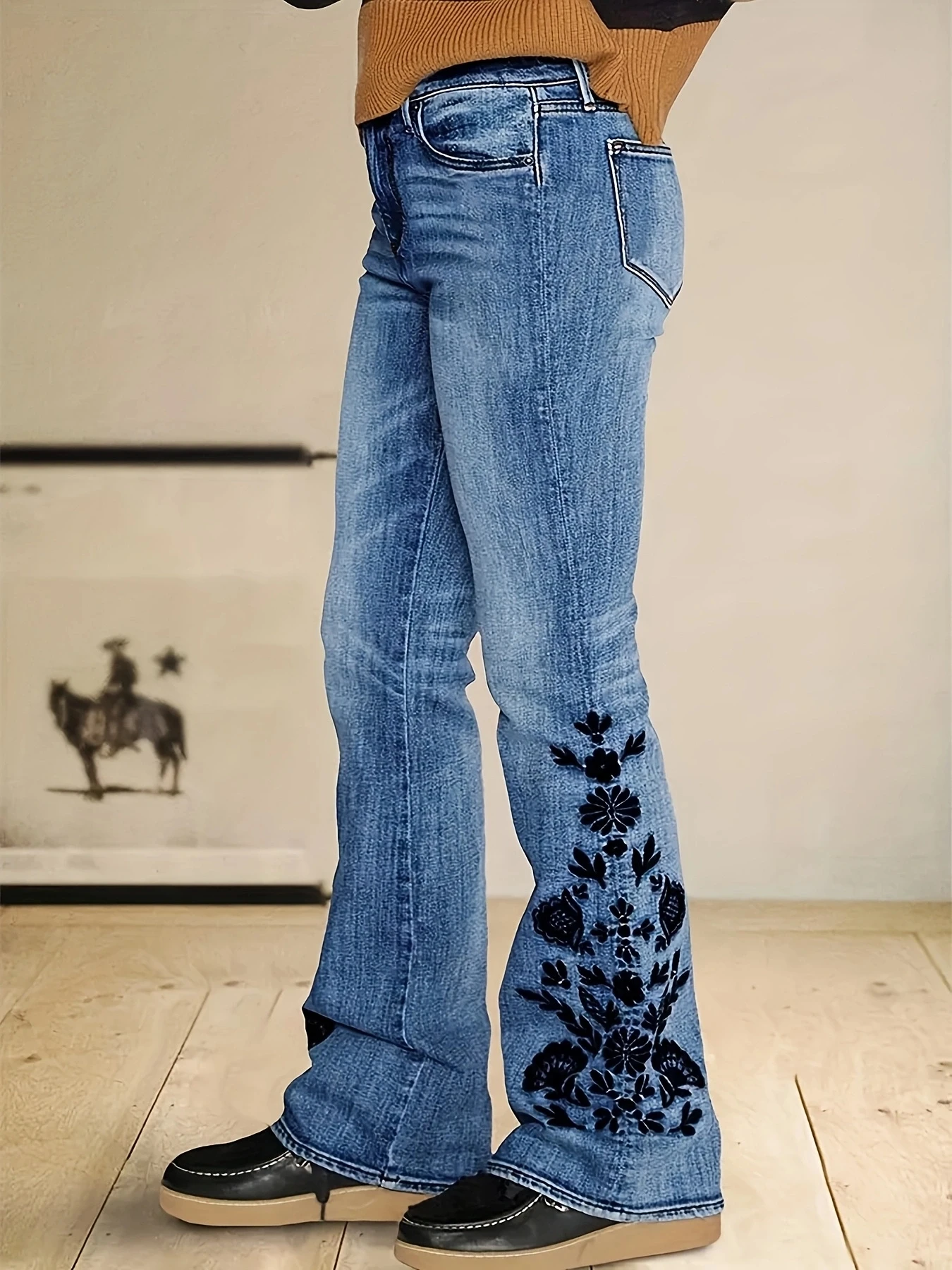 

Женские брюки-подкова в стиле ретро с высокой талией и цветочной вышивкой, слегка расклешенные брюки-подкова, узкие джинсы