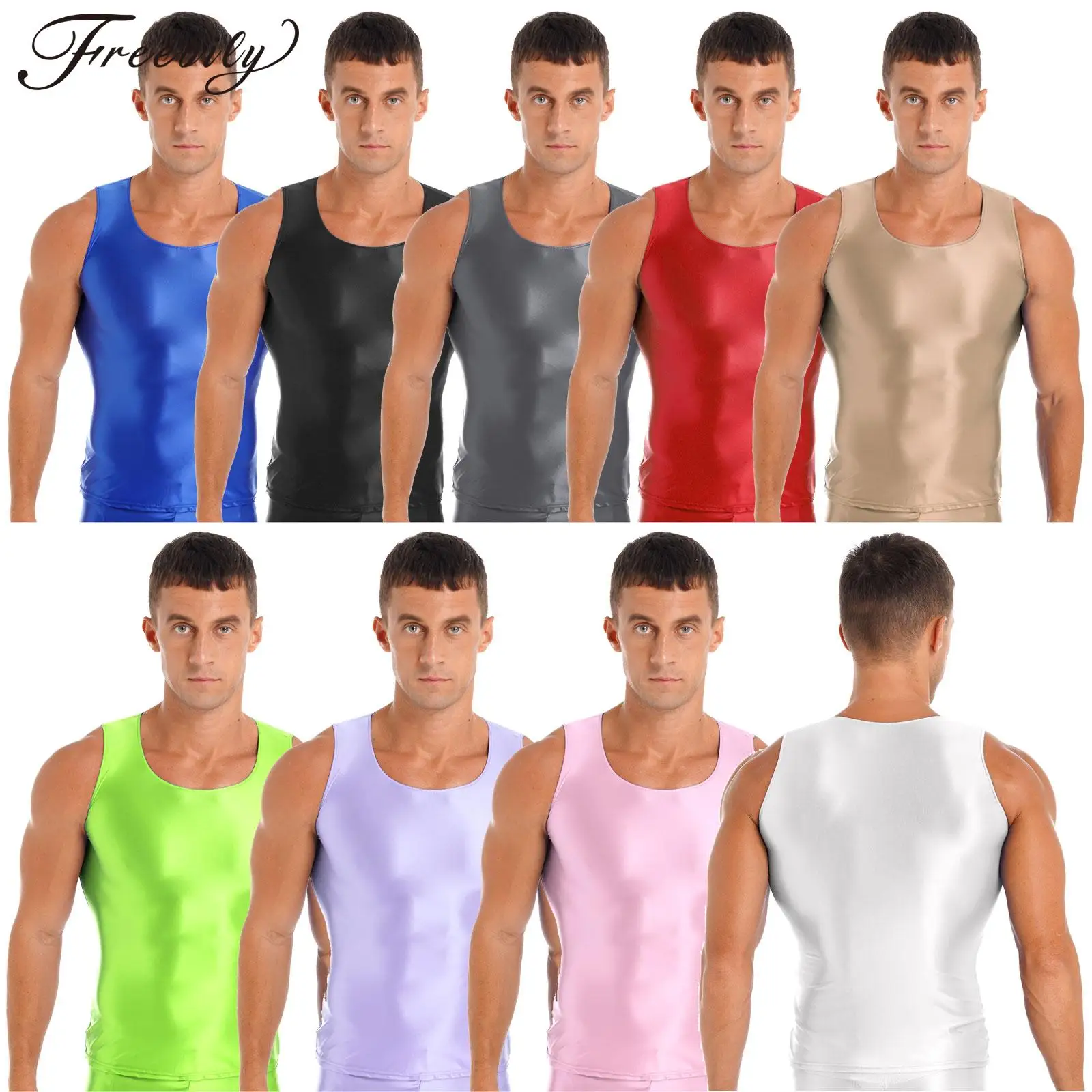 

Mens Glossy Smooth Pure Color Sleeveless Nylon Tank Tops Good Stretchy Sportswear Fitness Vests for Yoga Swimwear Gym Sleepwears