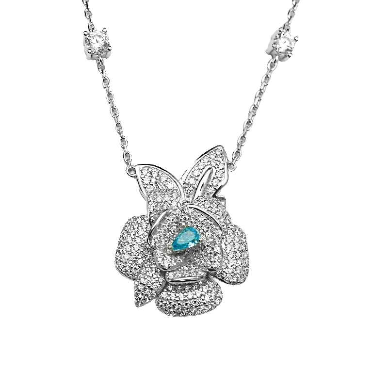 Luxury Peony Flower Versatile 925 Silver Pendant Set with High Carbon Diamond Water Droplets, Fashionable Woman