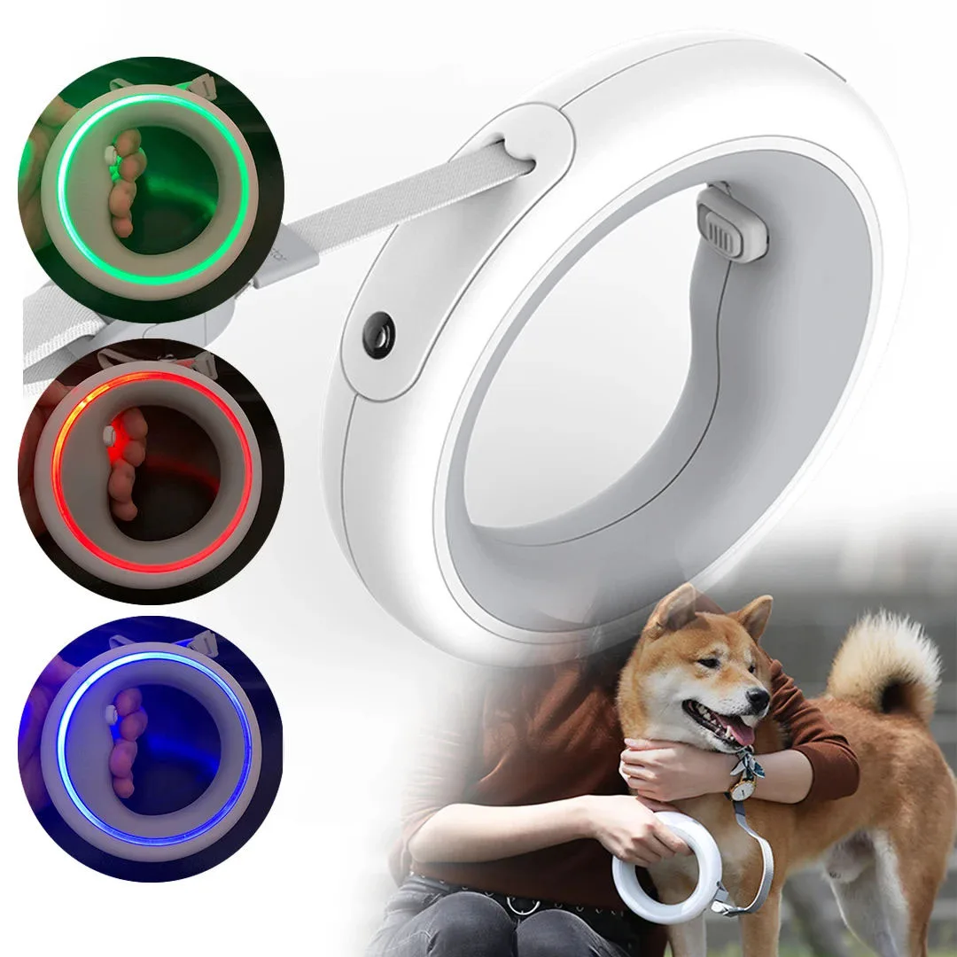 

Dog Leash with Metal Buckle LED Lighting Ring Design Anti-Slip Handle One-handed Brake Pause Lock Retractable Leash