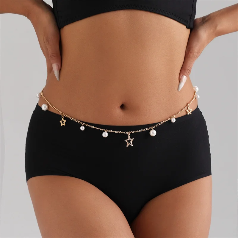 Colgante de pentagrama de perlas de imitación de una sola capa para mujer, cadena de cuerpo versátil, eslabón de cintura, accesorios de joyería de moda