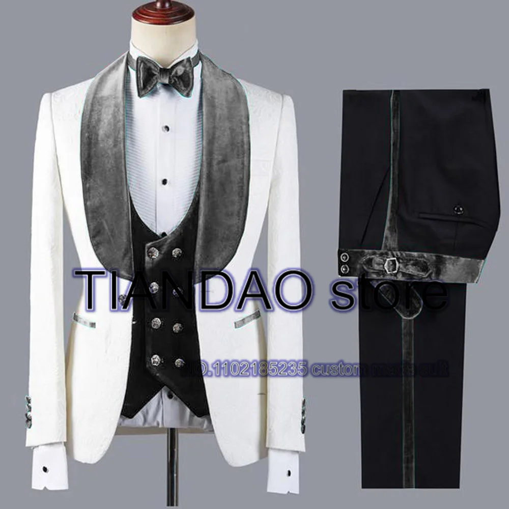 Formal Velvet Men\'s Suit 3 Piece Shawl Collar Blazer Pants Vest Groom Wedding Tuxedo Groomsman Jacket Set