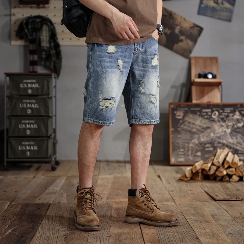 28-48large size shorts men's ripped denim pants loose straight retro trend casual oversize summer pirate shorts