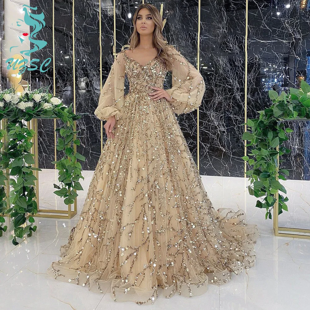 

UZSC golden heavy beaded luxury evening dress French retro evening dress, sequined women's A-line skirt, lantern sleeves