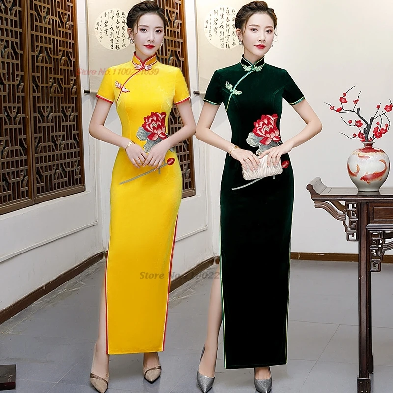 

2025 oriental improved qipao national flower embroidery velvet dress stage performance cheongsam dress banquet evening dress