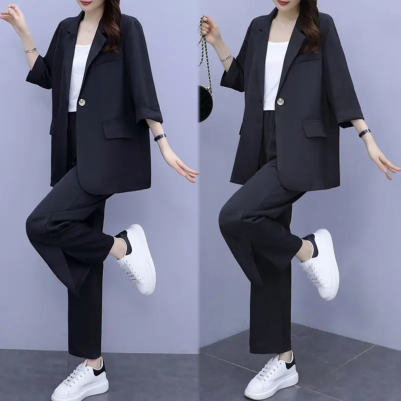 Women\'s 2024 Spring New Casual Thin Suit Jacket Matching Set Korean Elegant Loose Blazers Pants Two Piece Female Chic Clothing