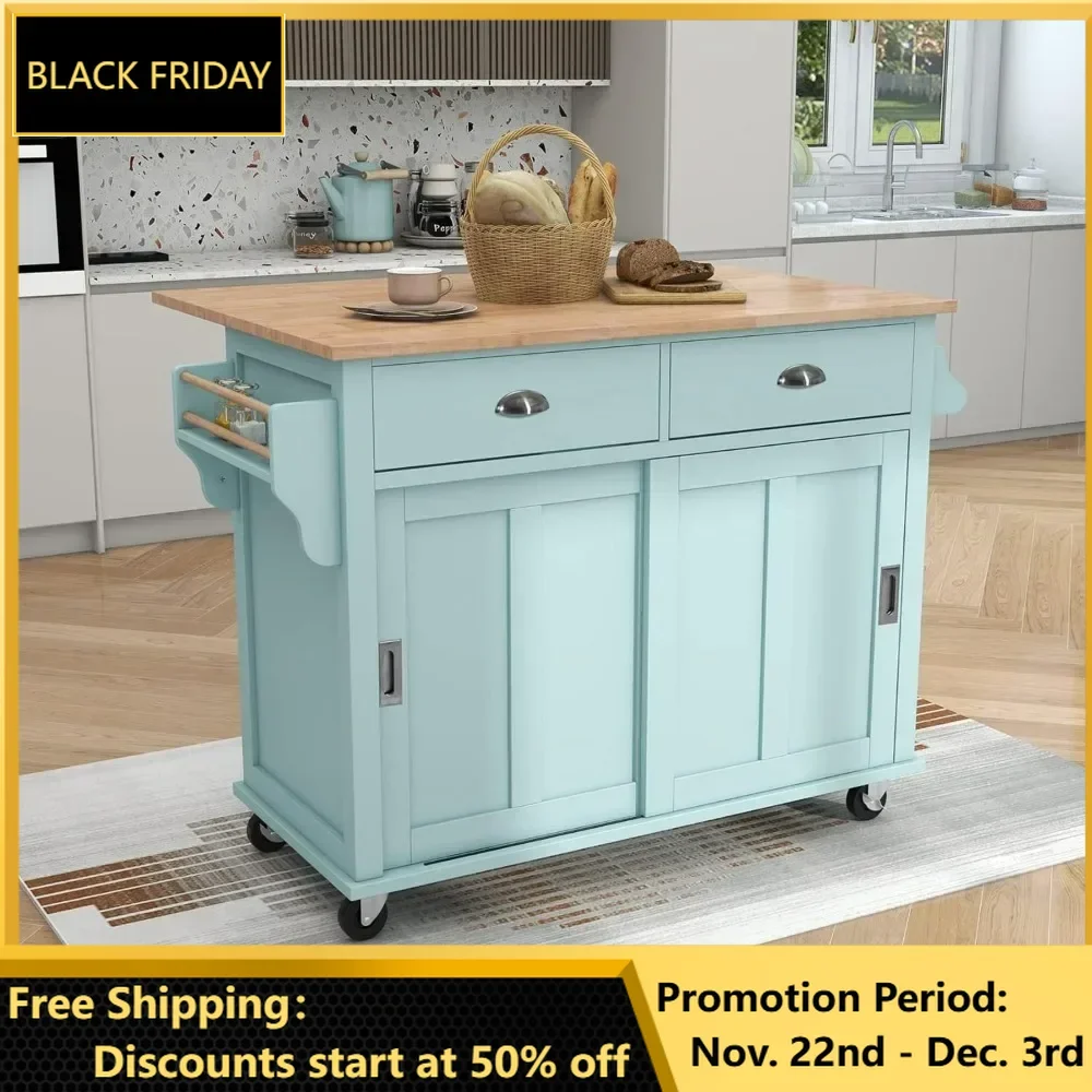 Kitchen Island Cart, Rolling Kitchen Island with Storage and Sliding Barn Door with Drop Leaf Rubber Wood, Island Cart Kitchen