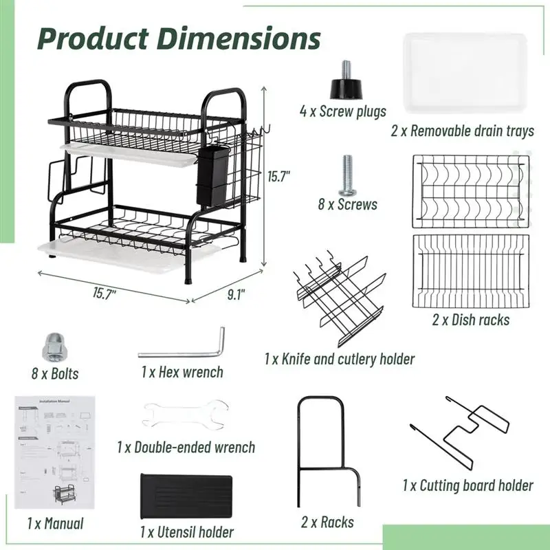 Dish Drying Rack 2-Tier Drainer Dish Drying Rack For Kitchen Dish Draining Rack With Drain Tray Stainless Steel Dish Drying Rack