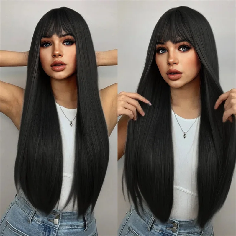 Peruka syntetyczna dla czarnoskórych kobiet z prostą grzywką, długa peruka codzienna/peruka do cosplay, wykonana z włókna wysokotemperaturowego, pełne zakrycie głowy.