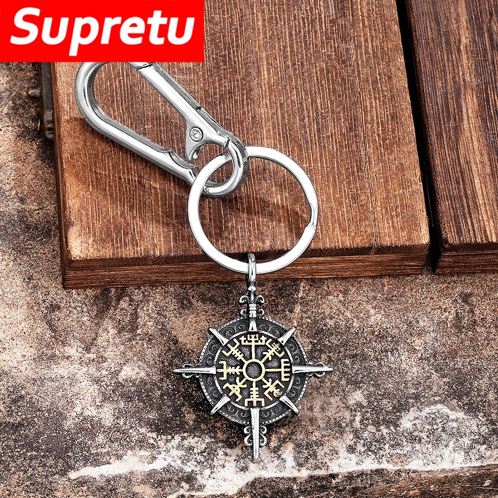 Viking Compass Keychain Men Double-sided Norse Trident Pendant Stainless Steel Self-defense Amulet Leather Keyring Retro Jewelry