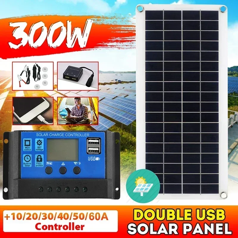 300W Solar Panel 12V Solar Cell 10/20/30/40/50A Controller Solar Panel for Car Yacht Battery Boat Charger Outdoor Battery Supply