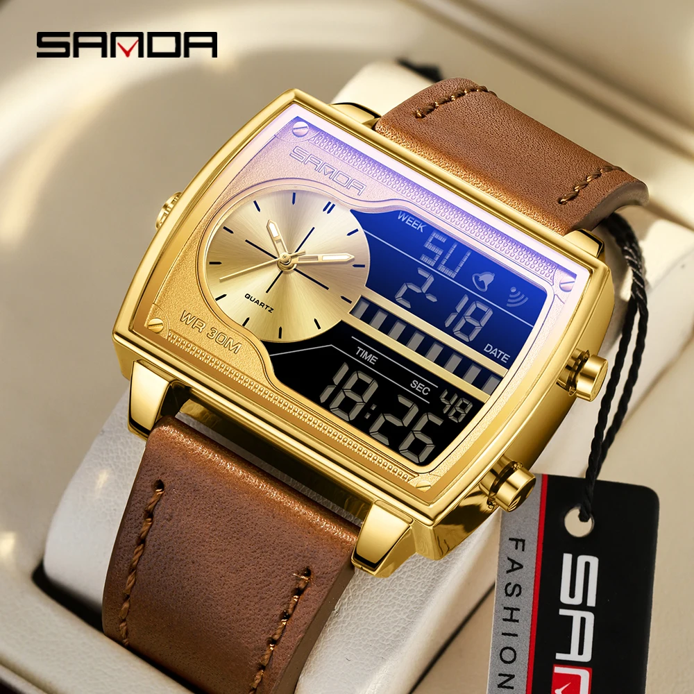 

SANDA 6163 Men's Quartz Electronic Dual Screen Watch Multi functional Calendar Waterproof Countdown Quartz Men's Watch