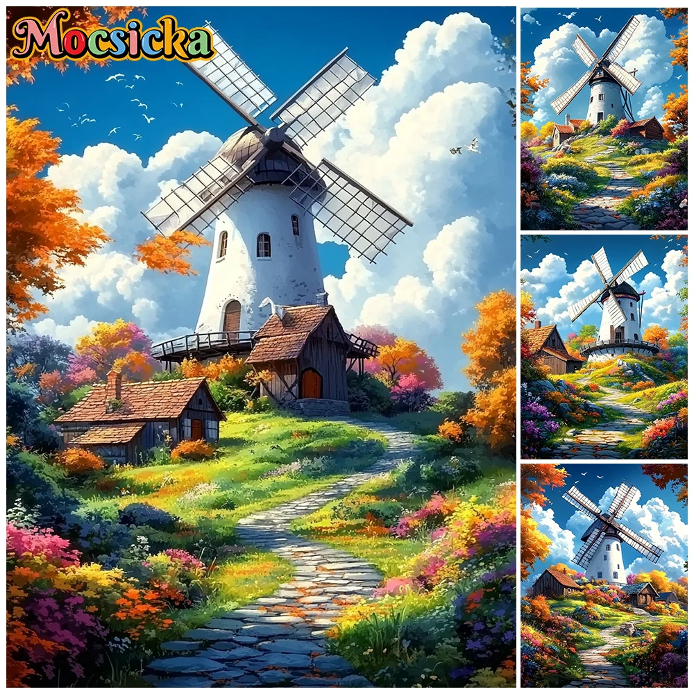 

Mocsicka Autumn Windmill Photography Backdrop Village Stone Cottages Fall Flower Pastoral Countryside Background Kids Photoshoot