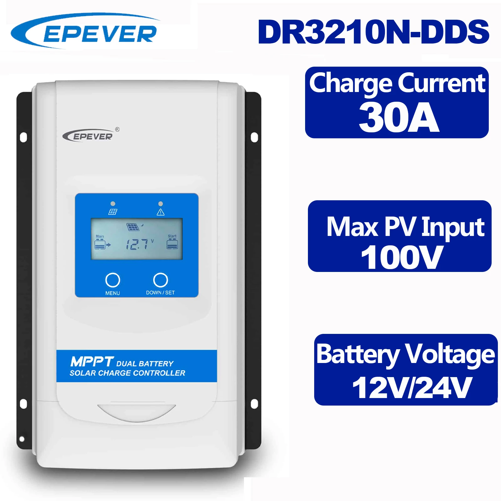 EPEVER DR3210N-DDS 30A MPPT Solar Charge Controller Battery Voltage 12V 24V Max PV Input 100V