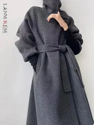 [LANMREM] Office Lady Double Sided Woolen Coat Women's Stand Collar Single Breasted Solid Color Mid Length Coats 2024 New 26C544