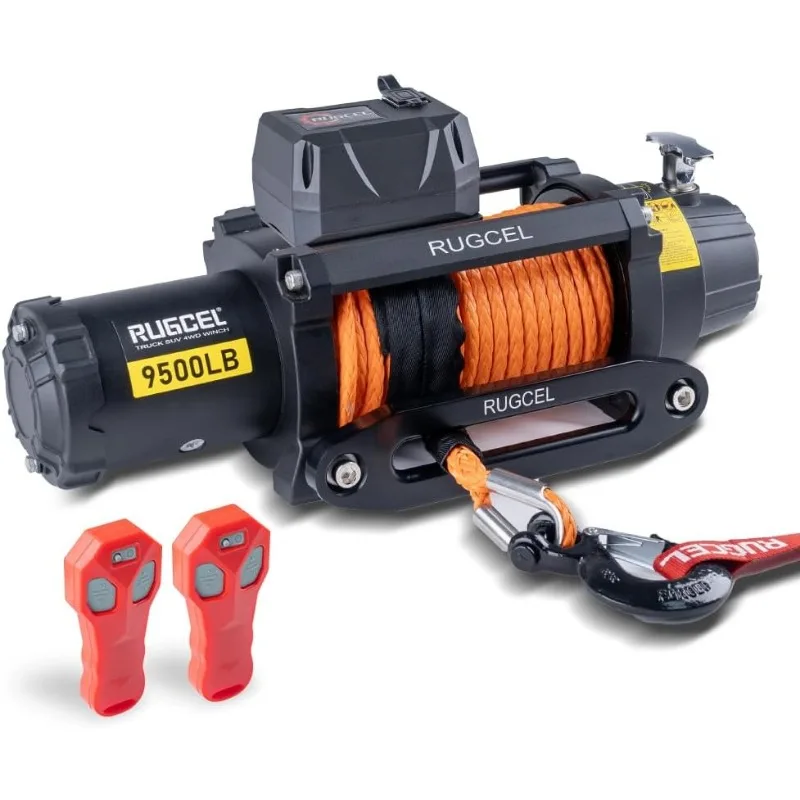 RUGCEL WINCH 9500lb Waterproof Electric Synthetic Rope Powerful Fast12v Jeep Winch Hawse Fairlead,Wired Handle 2 Wireless Remote