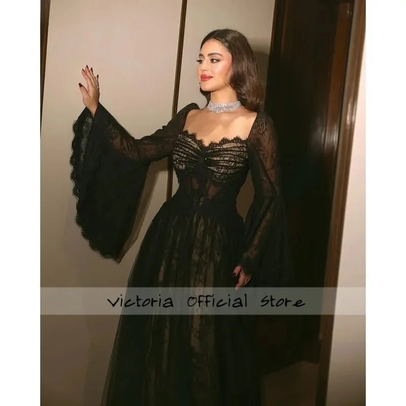 

Индивидуальные черные платья для выпускного вечера без бретелек с рукавами-колокольчиками Кружевные платья для особых случаев Вечерние платья трапециевидной формы длиной до пола