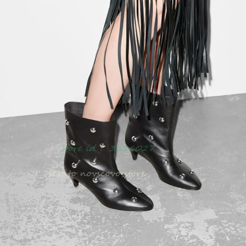 

Black Leather Studded Wide-Shaft Ankle Boots Kitten Heels Elegant Pointed Toe Slip On Fashion Women Spring Daily Dress Shoes