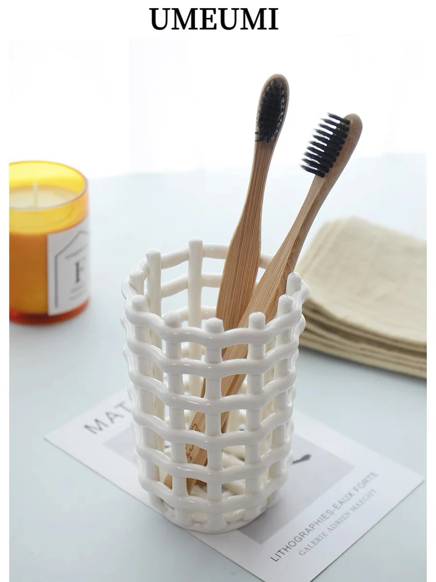 Nordic weaving white ceramic toothbrush holder toothpaste storage bucket creative design simple home modern