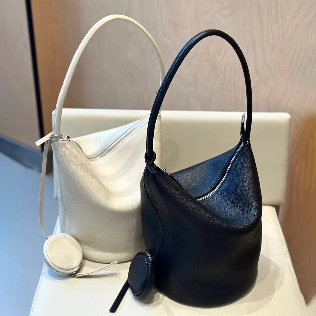 Mendy Genuine Leather Crescent Bag Women Zipper Top Curved Arc Silver Hardware Detachable Coin Purse Daily Commute Original New
