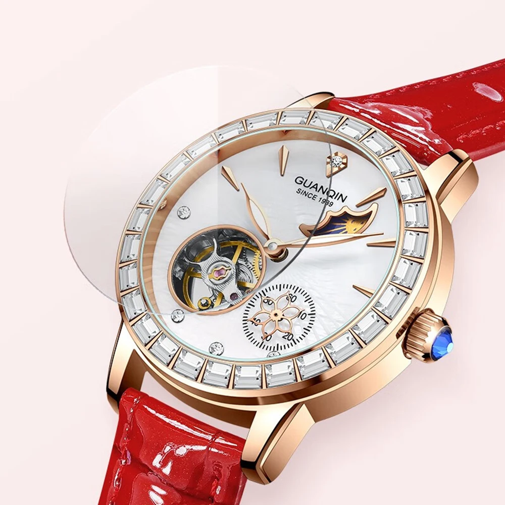 1pc GUANQIN Women Automatic Mechanical Watch Skeleton Tourbillon Luminous Waterproof Moon Phase Fashion Watch For Ladies Gifts