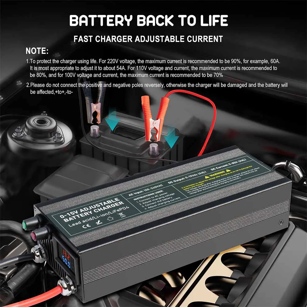 High-power Battery charger 12V 14.6V 60A/100A LCD Smart Universal Charger Fast Charging for 0-15V Adjustable Current & Voltage