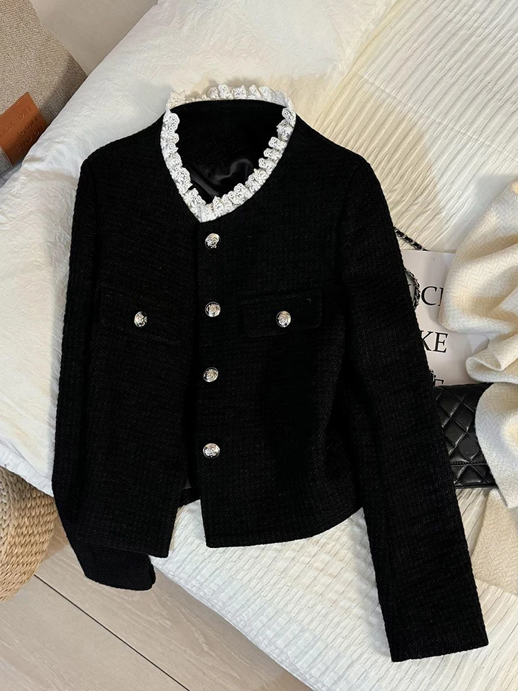 أسود الوقوف طوق الحلل النساء الدانتيل المرقعة أنيقة مكتب سيدة المحاصيل البدلة سترة ربيع الخريف عطر صغير لطيف أبلى #3