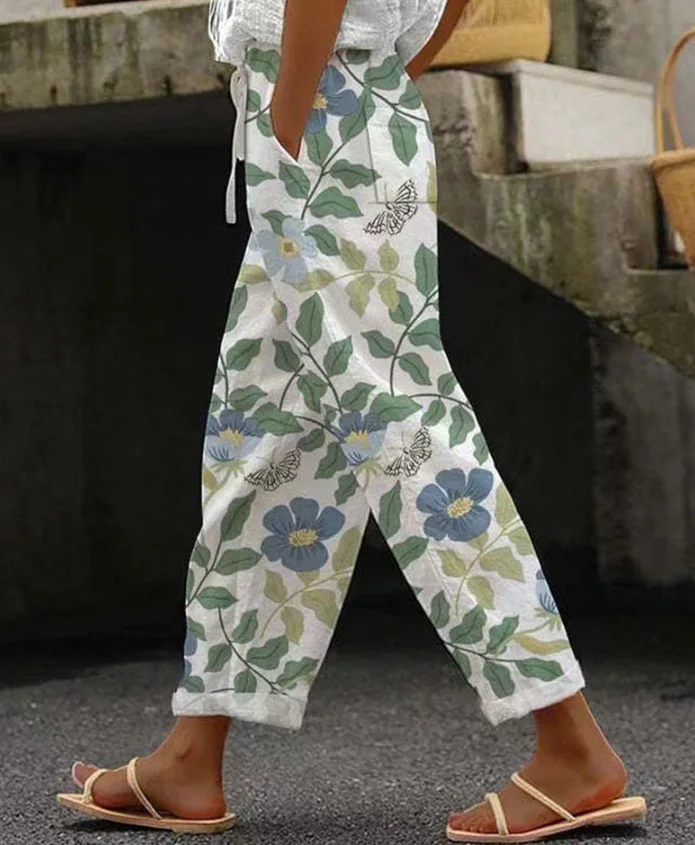 2025 الصيف المرأة الجديدة بنطال جلدي مجعد مطبوعة واسعة الساقين بوهو الدانتيل موضة شاطئ الشاطئ منتجع نمط المرأة الترفيه بنطلون