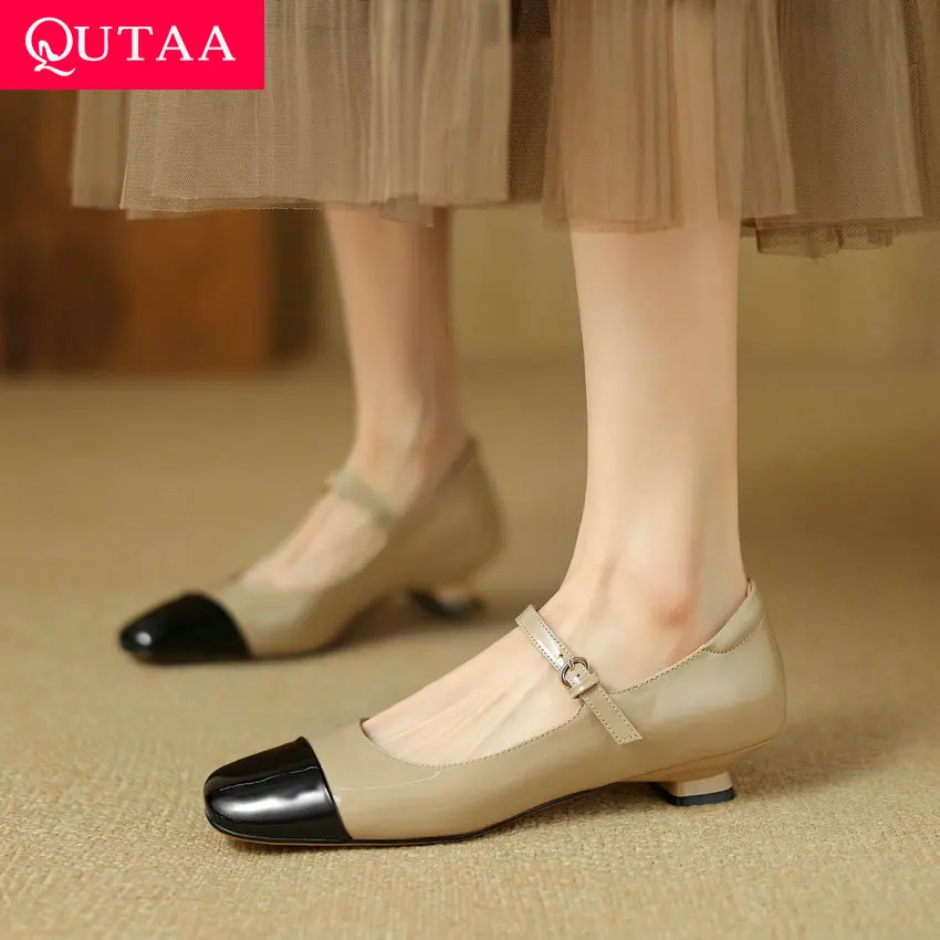 

QUTAA 2024 Women Patent Leather Pumps Mary Jane Low Heels Party Wedding Shoes Woman Pumps Female Shoes Size 34-43