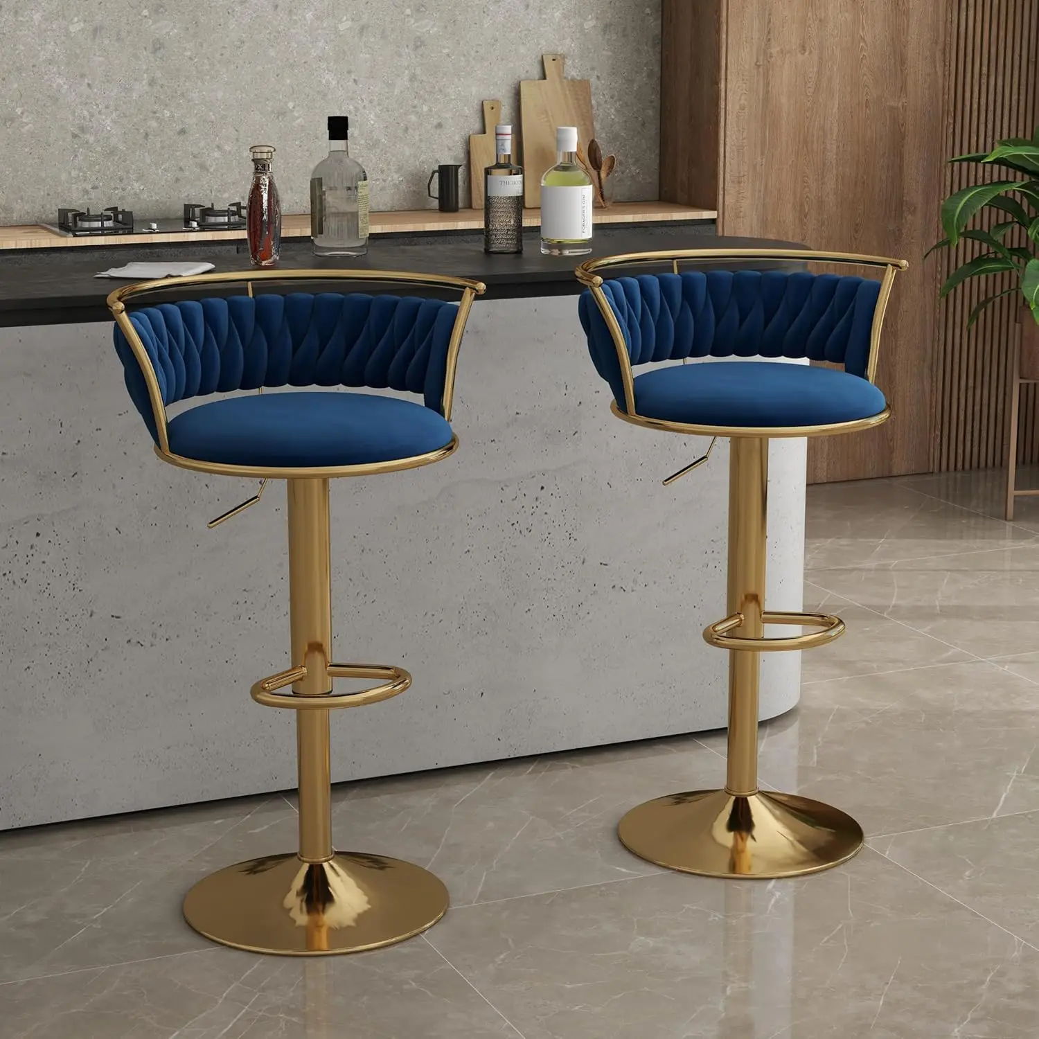 

360° Swivel Bar Stools Set of 2, Modern Adjustable Counter Height Velvet Bar Chair Gold Metal Stool, Comfortable, Customized