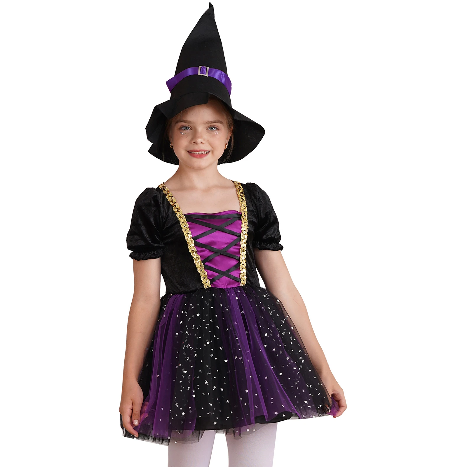 Kinder Mädchen Märchen Hexe Halloween Kostüm Kleid Samt Blase Kleid mit hohen magischen Hut dunkle Königin Kostüm