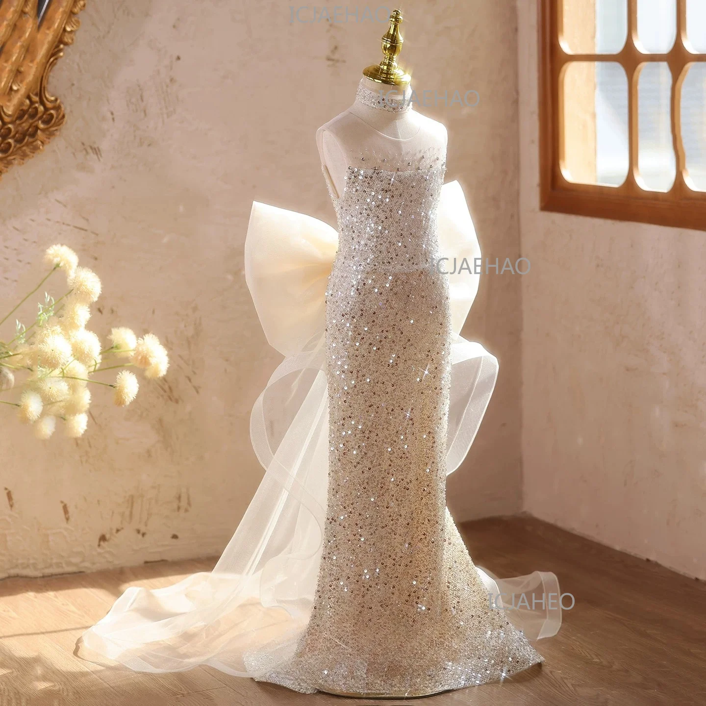 Girls Mermaid Formal Dress Luxury Piano Performance High-End Birthday Outfit Sparkly Sequin Princess Gown, Kids Host Runway
