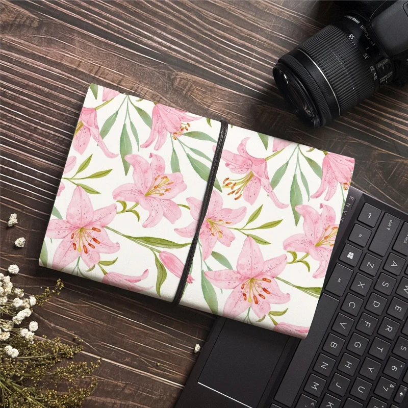 Vintage A5 Self-Adhesive Photo Album, Pink Lily Floral PU Leather Scrapbook with String Closure, Memory Book Gift for Women