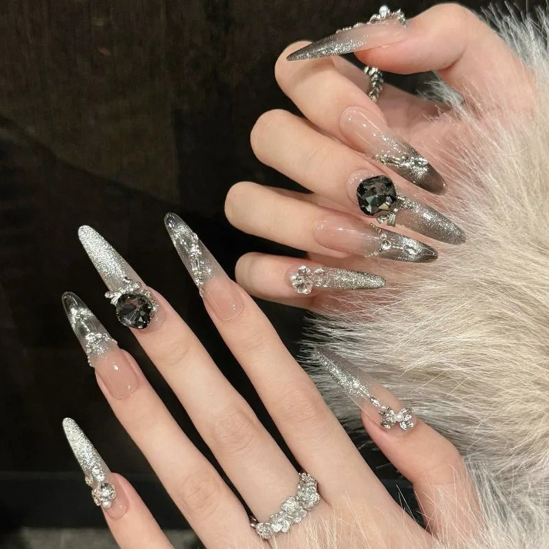 10 stuks handgemaakte pers op nagels 10 stuks ovaal zwart gradiënt cat eye nepnagels set strass bling extra lange nageltips stiletto