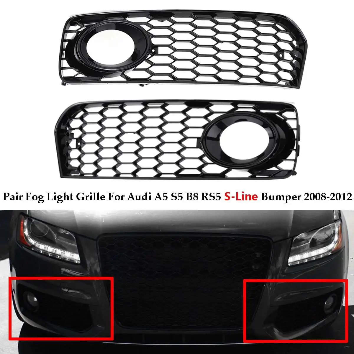 2x A5 Car Fog Lamp Cover Honeycomb Hex Front Fog Light Grille Grill For Audi A5 S-Line / S5 B8 RS5 2008 2009 2010 2011 2012