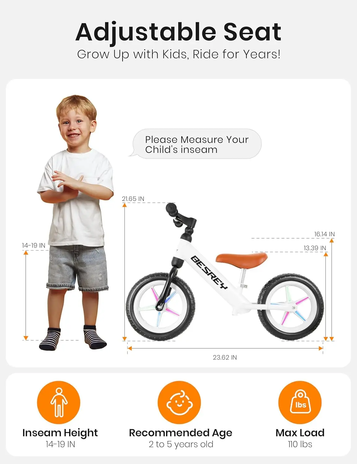 Bici da equilibrio con illuminazione colorata da 12 pollici per 2 anni, bici da equilibrio per bambini con robusta struttura in ferro, sedile regolabile con pneumatici piatti in EVA