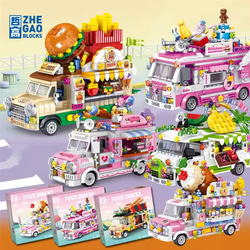 

ZHEGAO Cartoon Car Building Blocks Coffee Burger Pizza Car Model Assembled Children's Toy Birthday Gift Desktop Ornament