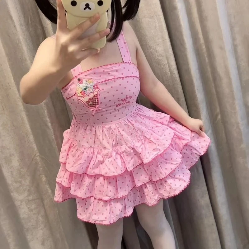 2025 giapponese Kawaii Lolita stile cinturino vestito da donna dolce gelato ricamo a pois stampa torta abiti Y2k partito mini abito