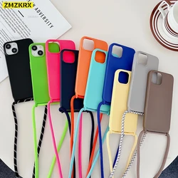 New Crossbody Lanyard Liquid Silicone Phone Case For iPhone 11 12 13 14 15 Pro Max XS X XR 7 8 Plus SE Necklace Strap Soft Cover