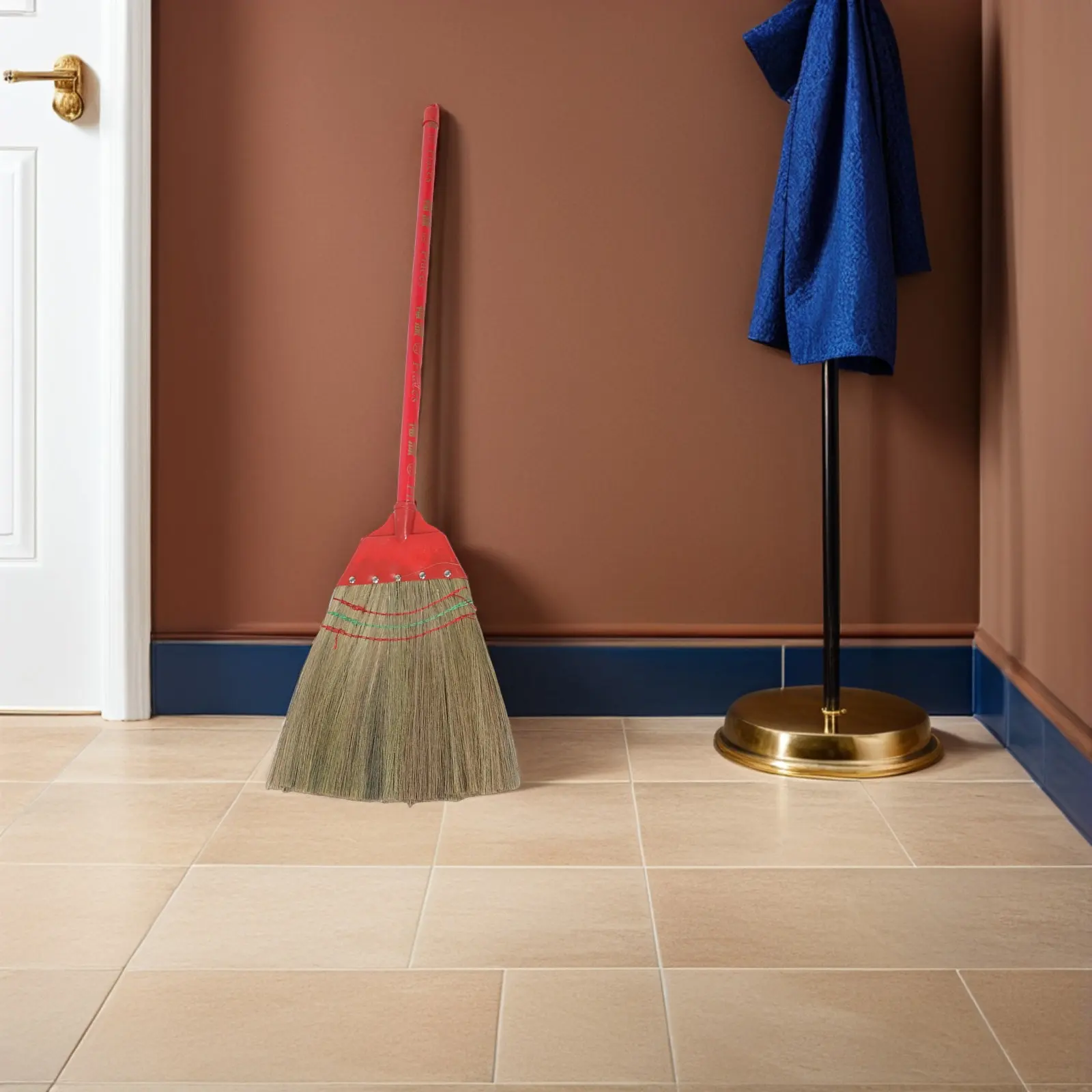 Natural Straw Broom Hand-Woven Soft Grass Sweeping Brush for Indoor Kitchen Living Room Patio Courtyard