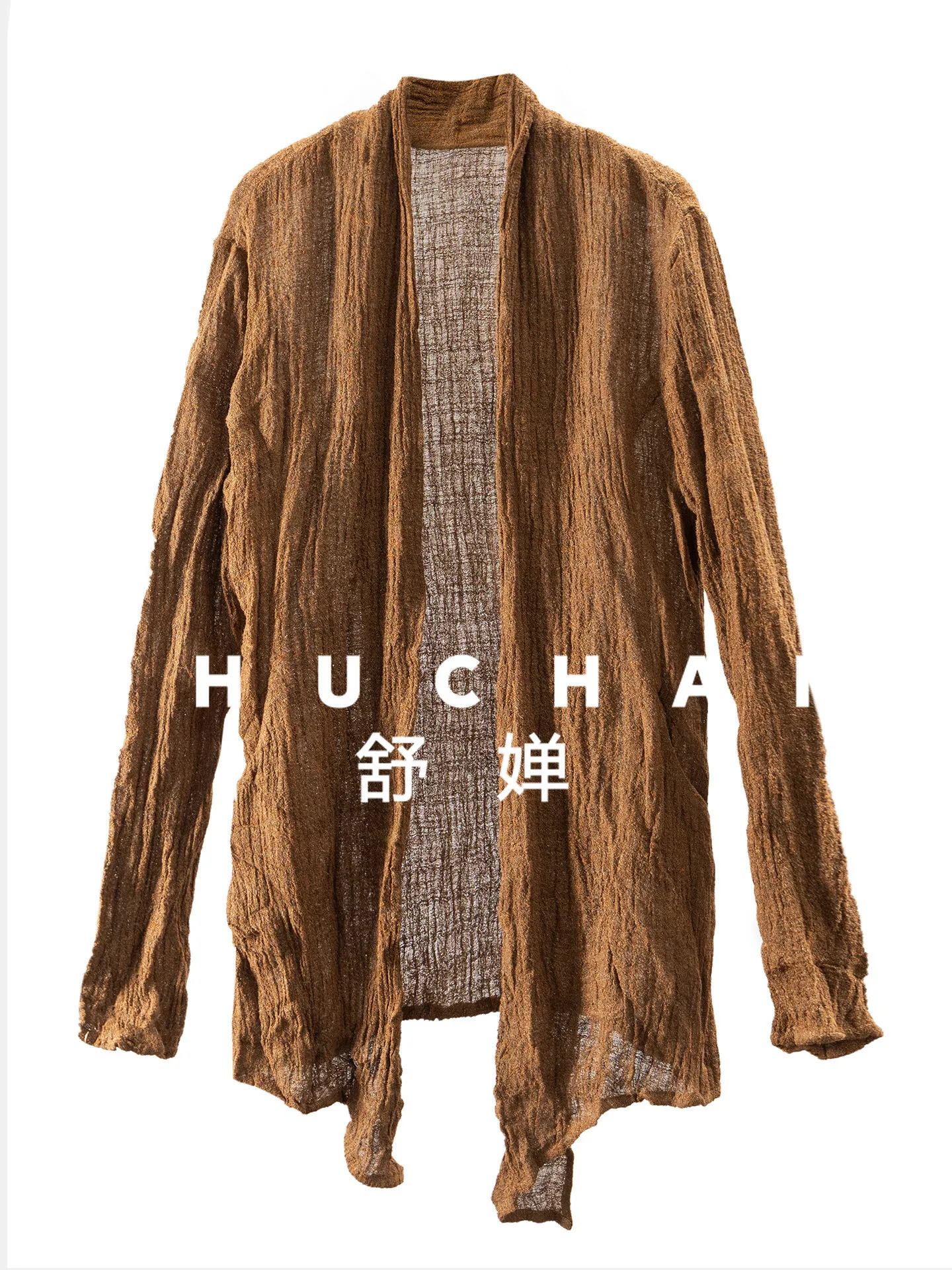 Old Money Caramel Color Linen Irregular Pleated Texture Buckle-free Shawl Cardigan Women 91F5
