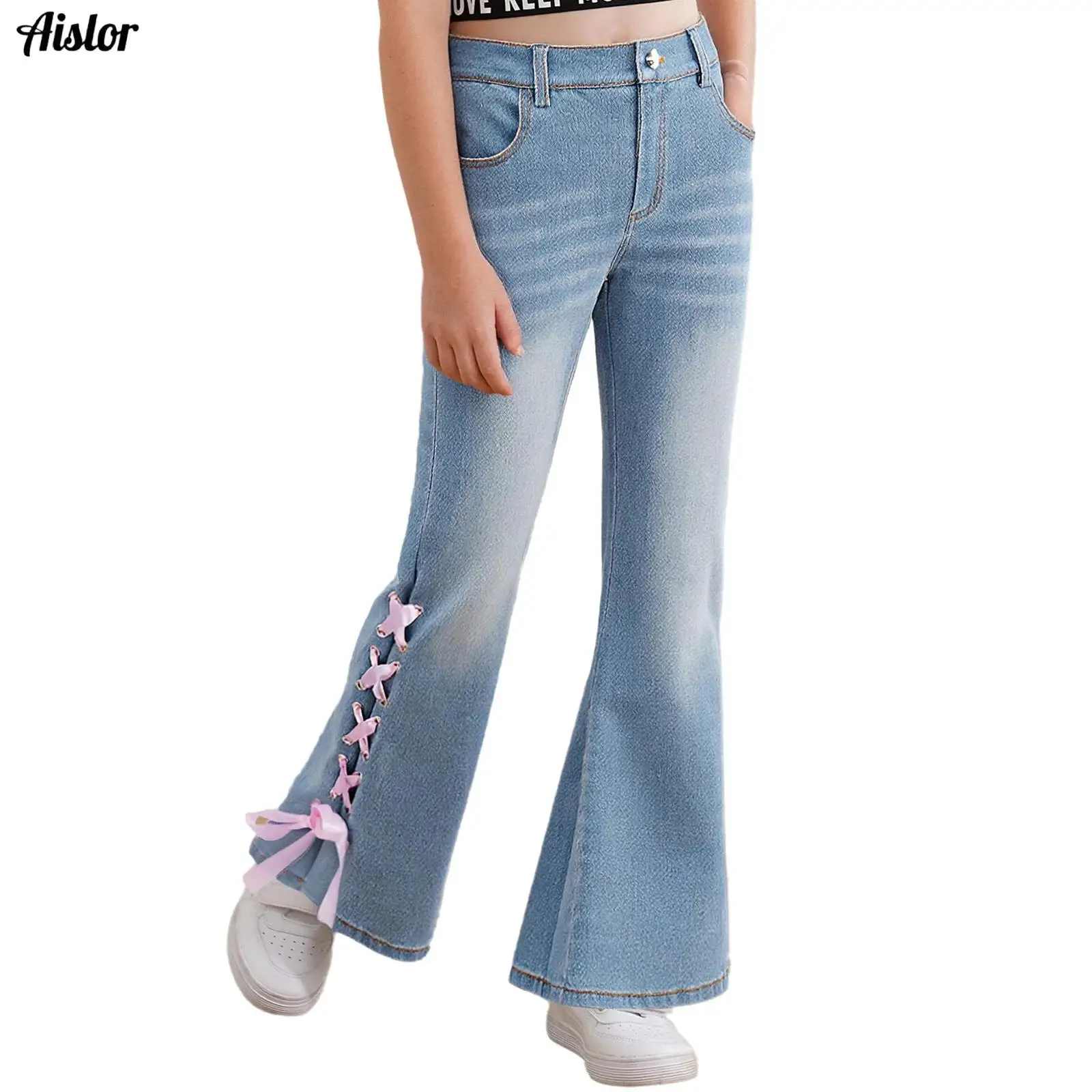 أطفال بنات متوهج الجينز السراويل الجانبين شق الذاتي التعادل مرونة الخصر جرس أسفل الدنيم السراويل مع جيوب ملابس كاجوال بنطلون #1