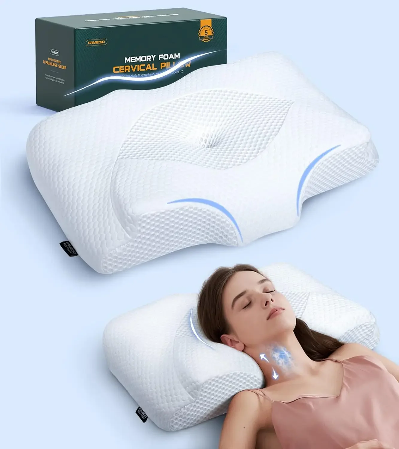 

Adjustable Cervical Pillow,Odorless Orthopedic comfortable for Neck Pain Relief, Hollow Contour Memory Foam Plus Support