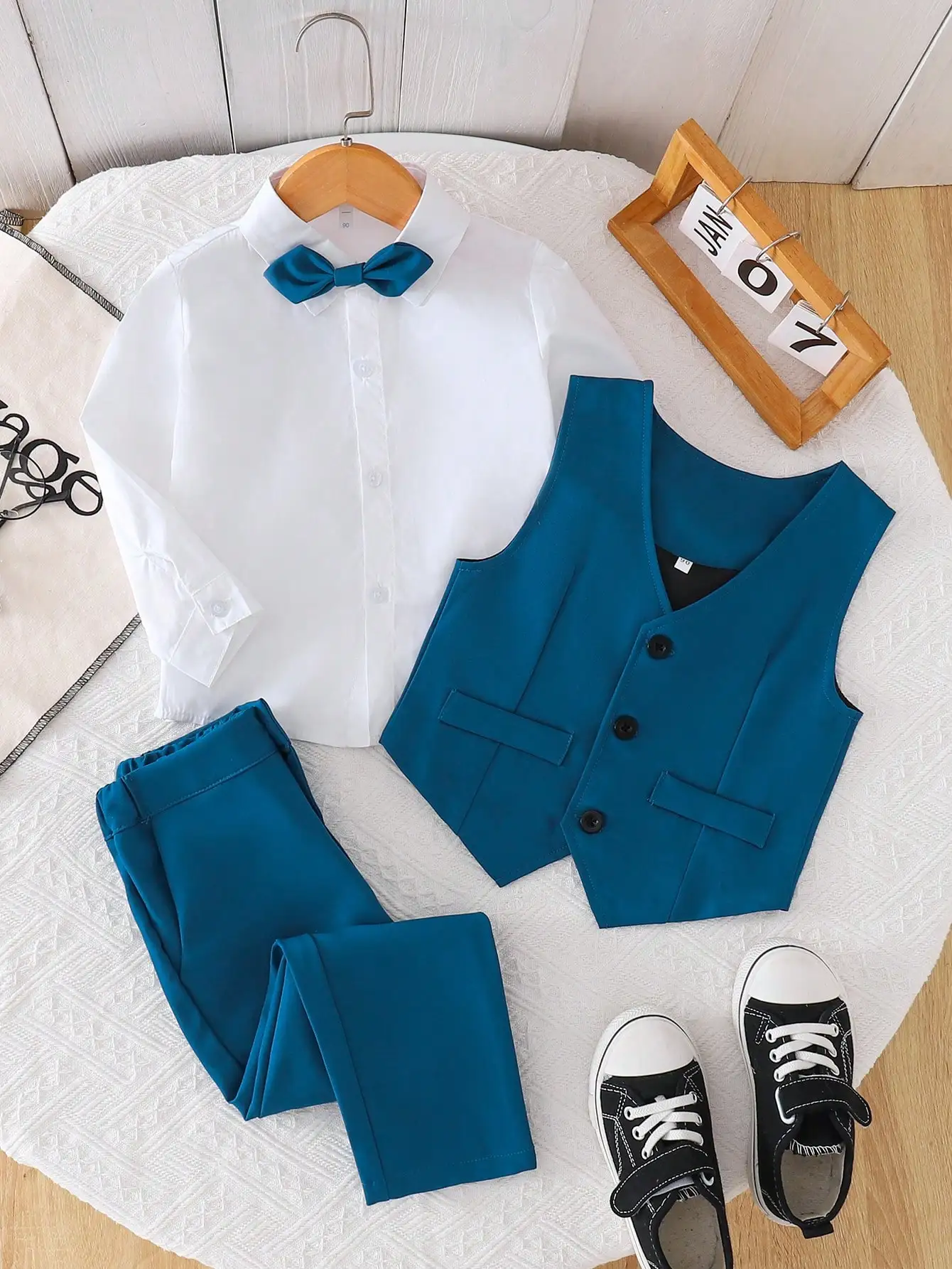 3-Piece Formal Outfit for Boys: White Shirt, Teal Vest & Pants