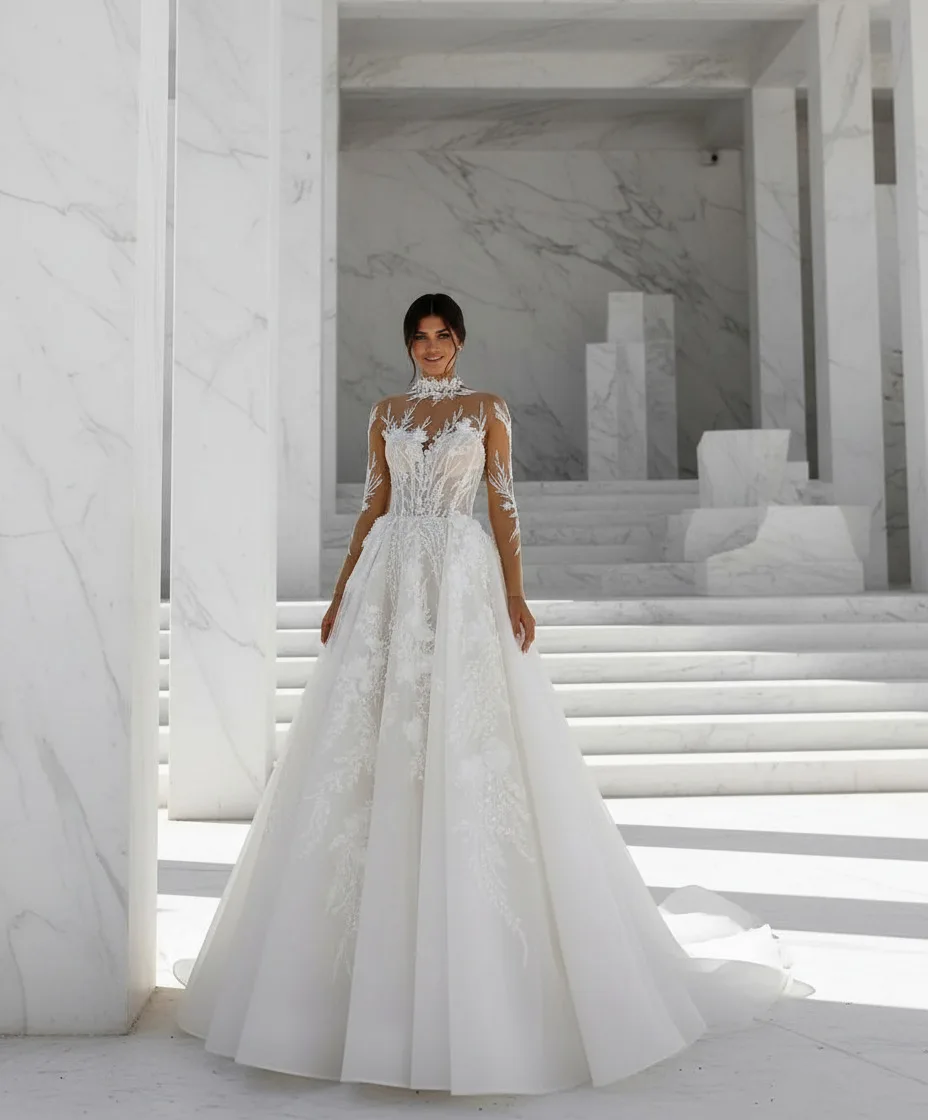 

Elegant A-line Lace Wedding Dress High Neck Long Sleeve Transparent Beaded Applique Vestidos De Novia Customized Bridal Gown