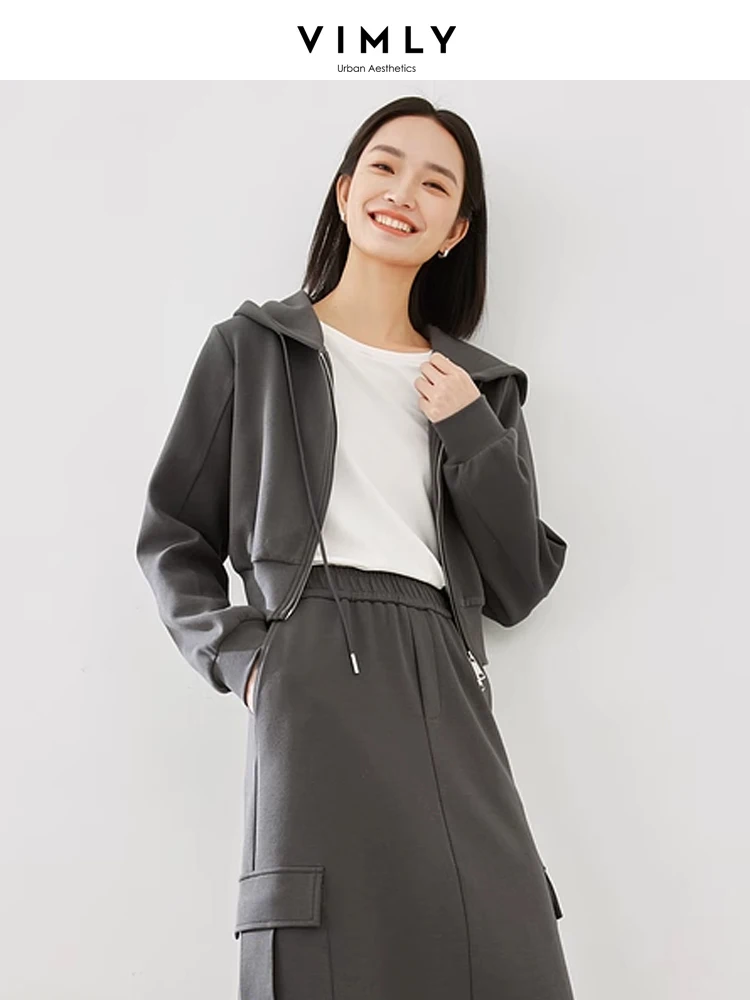 Vimly 2023 Autumn Sets for Women 2 Pieces Cropped Long Sleeve Hooded Sweatshirt Split Maxi Skirt Casual Grey Matching Sets M3737